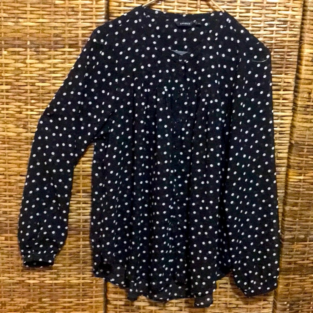 EUC Lindex BLACK White Polka Dots Button Down Long sleeve blouse top US 12 EU 40